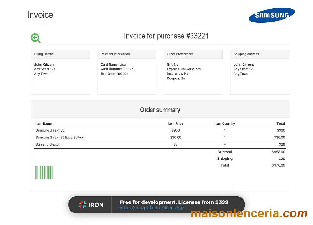 USA Samsung faktura Word i PDF szablon